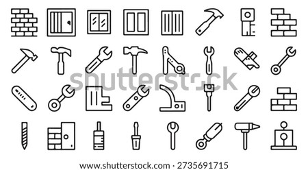 Set of construction equipment, building tools, materials like bricks, windows, and DIY supplies.