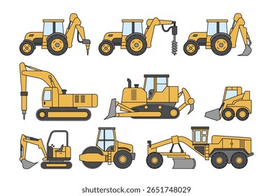 Conjunto de equipamentos de construção. Bulldozer, grader, rolo, broca, carregador, escavadora