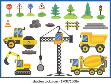 Poner equipo de construcción. Construcción de caricaturas tractor de vehículo, grúa, excavadora, camión, rodillo, mezclador y señales de carretera. Ilustración vectorial.