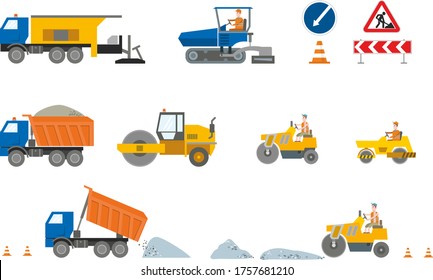 Equipo de construcción: camión de vertederos, compresor, pavimento, señales de carreteras aisladas en un fondo blanco. Maquinaria y equipo para obras viales. Infografía plana. Ilustración del vector