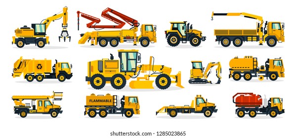 Set of construction equipment. Excavator, tractor, concrete pump, crane, garbage truck, grader, fuel truck, tow truck. Service vehicle. Vector illustration