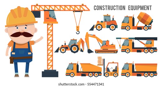 Set of construction equipment in flat style. The driver talks about the mechanical features. Vector illustration isolated on white background