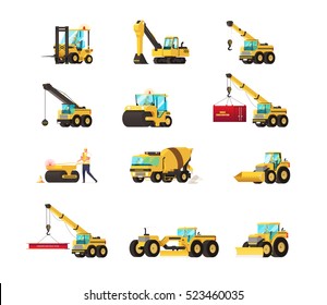 Set of construction equipment. heavy machinery construction. heavy machine vector set. vector illustration.
