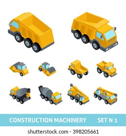 Set of construction equipment, isometric style. Tipper truck, paver, tractor, harvester, machine, flat style, 3D. Vector illustration