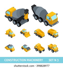 Set ?3 construction equipment, isometric style. Dump trucks, paver, tractor, harvester, machine, flat style, 3D. Vector illustration