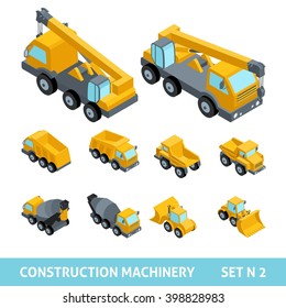 Set ?2 construction equipment, isometric style. Dump trucks, paver, tractor, harvester, machine, flat style, 3D. Vector illustration