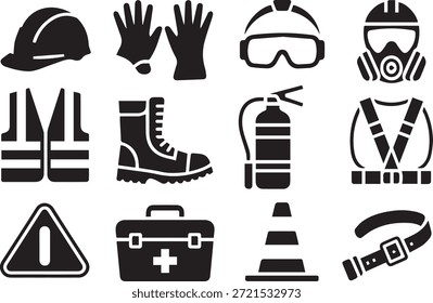 Conjunto de siluetas de equipos de construcción, aisladas sobre un fondo blanco, ideal para proyectos de diseño de construcción, ingeniería, industrial y de infraestructura.