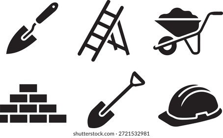 Conjunto de siluetas de equipos de construcción, aisladas sobre un fondo blanco, ideal para proyectos de diseño de construcción, ingeniería, industrial y de infraestructura.