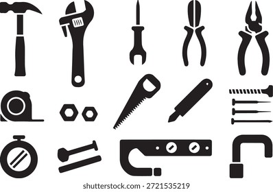 Conjunto de silhuetas de equipamentos de construção, isoladas em um fundo branco, ideal para projetos de construção, engenharia, industrial e projetos de design com temática de infraestrutura.