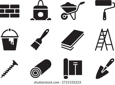 Conjunto de silhuetas de equipamentos de construção, isoladas em um fundo branco, ideal para projetos de construção, engenharia, industrial e projetos de design com temática de infraestrutura.