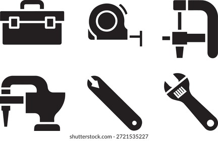 Conjunto de silhuetas de equipamentos de construção, isoladas em um fundo branco, ideal para projetos de construção, engenharia, industrial e projetos de design com temática de infraestrutura.