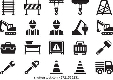 Conjunto de siluetas de equipos de construcción, aisladas sobre un fondo blanco, ideal para proyectos de diseño de construcción, ingeniería, industrial y de infraestructura.