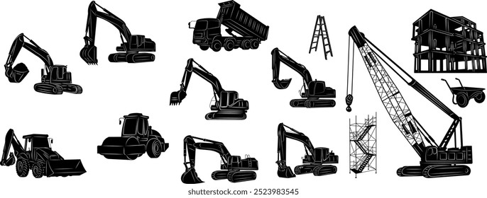 set construction equipment, construction transport silhouette, vector