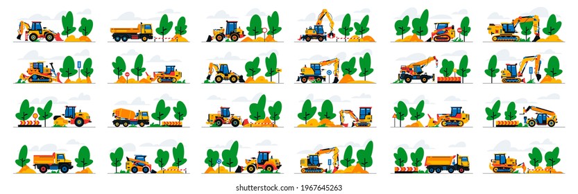 Set of construction equipment work at the site. Collection of machines for construction on a landscape. Excavator, bulldozer, tractor, loader, concrete mixer, asphalt paver, signs.Vector illustration