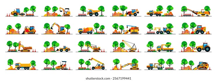 Set of construction equipment work at the site. Collection of machines for construction on a landscape. Excavator, bulldozer, tractor, loader, concrete mixer, asphalt paver, signs.Vector illustration