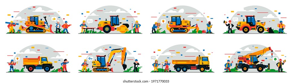 A set of construction equipment and workers on the site. Colorful background of geometric shapes and clouds. Construction site, builders, special equipment, service personnel. Vector illustration.