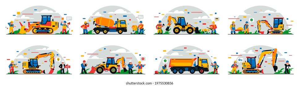A set of construction equipment and workers on the site. Colorful background of geometric shapes and clouds. Construction site, builders, special equipment, service personnel. Vector illustration.