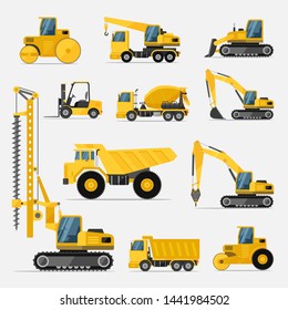 Set Of Construction Equipment In Yellow. Special Machines For The Building And Construction Work
