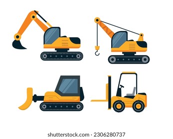 conjunto de equipos de construcción en amarillo. Máquinas especiales para la construcción. Levantadores de horquilla, grúas, excavadoras, topadoras.Ilustración vectorial