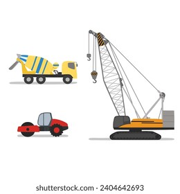 Set of construction equipments flat vector illustration isolated on white background. Construction machines illustration in cartoon style. Kid drawing. Hand drawn.