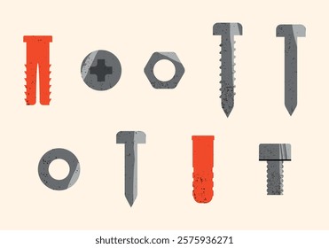 Set of construction fasteners illustrations. Building instruments.