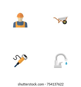 Set Of Construction Flat Icons Symbols Also Includes Pneumatic, Jackhammer, Faucet Objects.  Flat Icons Handcart, Worker, Faucet Vector Elements. 