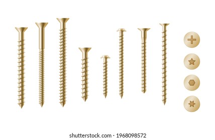 Set of construction golden metal brass bolts, nails rivets screws isolated on white background. Repair and furniture tools collection. 3d vector illustration