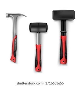 set of construction hammers in different sizes, metal and rubber for tiles with rubber black and red handles. Tool for builders and craftsmen isolated on white background. hammer isolated ove