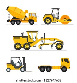 set of construction heavy machines. vehicles construction equipment for building. Road Grader, Concrete cement mixer truck, long trailer, road roller, fork lift. isolated illustration vector.