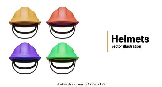 Set of construction helmets of different colors. Vector 3D hard hat with straps, front view