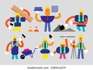 Set of Construction Humanoids Flat Geometric Character Design