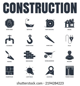 Set of Construction icon logo vector illustration. house, tower crane, builder, hand saw, plug, plumbing, bathtub and more pack symbol template for graphic and web design collection