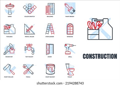 Set of Construction icon logo vector illustration. tools, toolbox, drill, door, color swatch, paint roller, paint bucket and more pack symbol template for graphic and web design collection