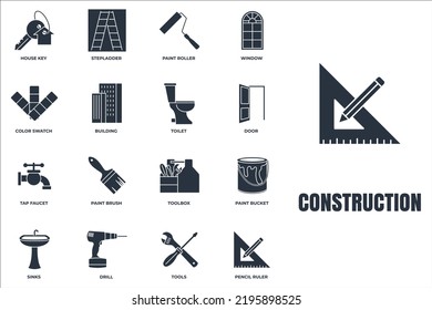 Set of Construction icon logo vector illustration. tools, toolbox, drill, door, color swatch, paint roller, paint bucket and more pack symbol template for graphic and web design collection