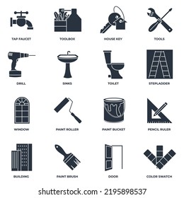 Set of Construction icon logo vector illustration. tools, toolbox, drill, door, color swatch, paint roller, paint bucket and more pack symbol template for graphic and web design collection