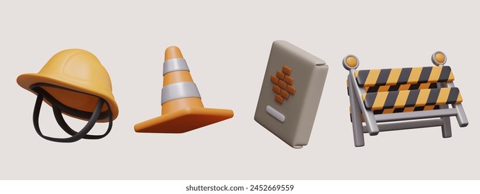 Set of construction icons in 3D style. Hard hat, signal cone, cement bag, portable barrier