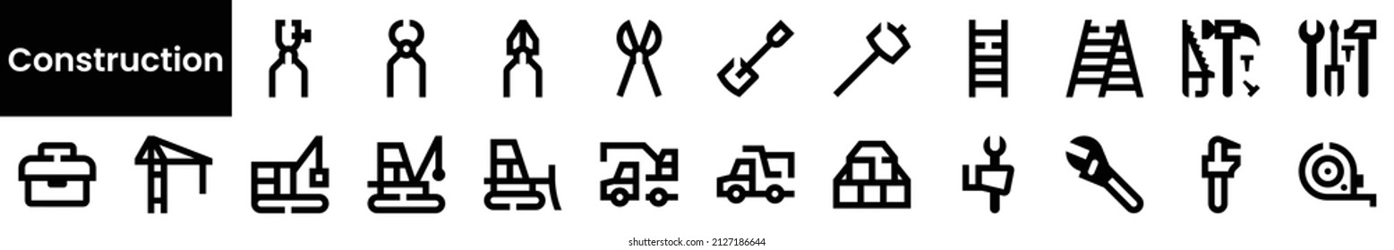 Set of construction Icons. Black flat icon collection isolated on white Background