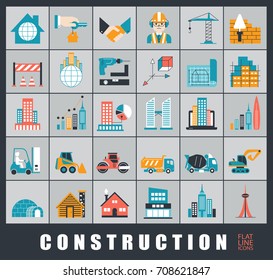 Conjunto de iconos de construcción. Colección de iconos de línea plana que presentan varias etapas del proceso de construcción. Ingeniería civil. Trabajos en obras.