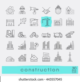 Set Of Construction Icons. Collection Of Line Vector Icons Presenting Various Stages Of Building Process. Civil Engineering. Work On Construction Site.