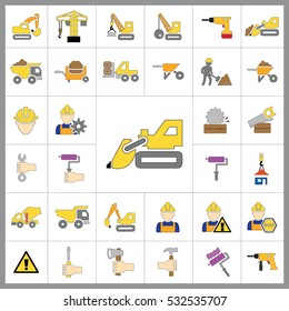 Set of Construction Icons. Contains such Icons as Drill, Truck, Worker, Attention Sign, Electric Saw, Gear, Spanner, Paint Roller and more. Editable Vector.Pixel Perfect.