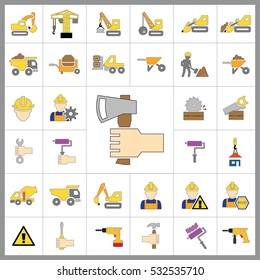 Set of Construction Icons. Contains such Icons as Drill, Truck, Worker, Attention Sign, Electric Saw, Gear, Spanner, Paint Roller and more. Editable Vector.Pixel Perfect.