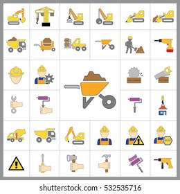 Set of Construction Icons. Contains such Icons as Drill, Truck, Worker, Attention Sign, Electric Saw, Gear, Spanner, Paint Roller and more. Editable Vector.Pixel Perfect.