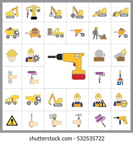 Set of Construction Icons. Contains such Icons as Drill, Truck, Worker, Attention Sign, Electric Saw, Gear, Spanner, Paint Roller and more. Editable Vector.Pixel Perfect.
