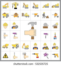 Set of Construction Icons. Contains such Icons as Drill, Truck, Worker, Attention Sign, Electric Saw, Gear, Spanner, Paint Roller and more. Editable Vector.Pixel Perfect.