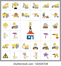 Set of Construction Icons. Contains such Icons as Drill, Truck, Worker, Attention Sign, Electric Saw, Gear, Spanner, Paint Roller and more. Editable Vector.Pixel Perfect.