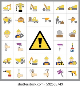 Set of Construction Icons. Contains such Icons as Drill, Truck, Worker, Attention Sign, Electric Saw, Gear, Spanner, Paint Roller and more. Editable Vector.Pixel Perfect.