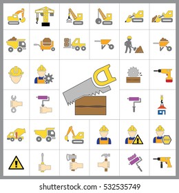 Set of Construction Icons. Contains such Icons as Drill, Truck, Worker, Attention Sign, Electric Saw, Gear, Spanner, Paint Roller and more. Editable Vector.Pixel Perfect.