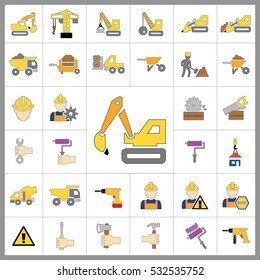 Set of Construction Icons. Contains such Icons as Drill, Truck, Worker, Attention Sign, Electric Saw, Gear, Spanner, Paint Roller and more. Editable Vector.Pixel Perfect.