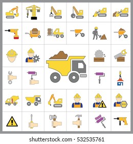 Set of Construction Icons. Contains such Icons as Drill, Truck, Worker, Attention Sign, Electric Saw, Gear, Spanner, Paint Roller and more. Editable Vector.Pixel Perfect.