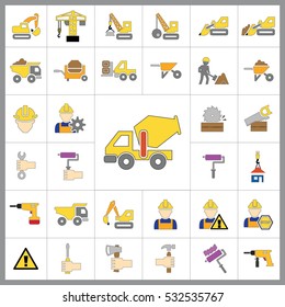 Set of Construction Icons. Contains such Icons as Drill, Truck, Worker, Attention Sign, Electric Saw, Gear, Spanner, Paint Roller and more. Editable Vector.Pixel Perfect.